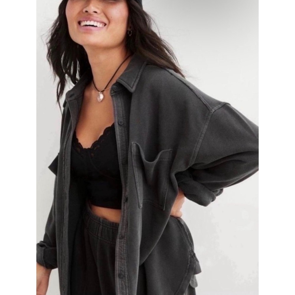 Aerie Lumber Jane Fleece Shirt Jacket Shacket Charcoal Gray Womens XS
